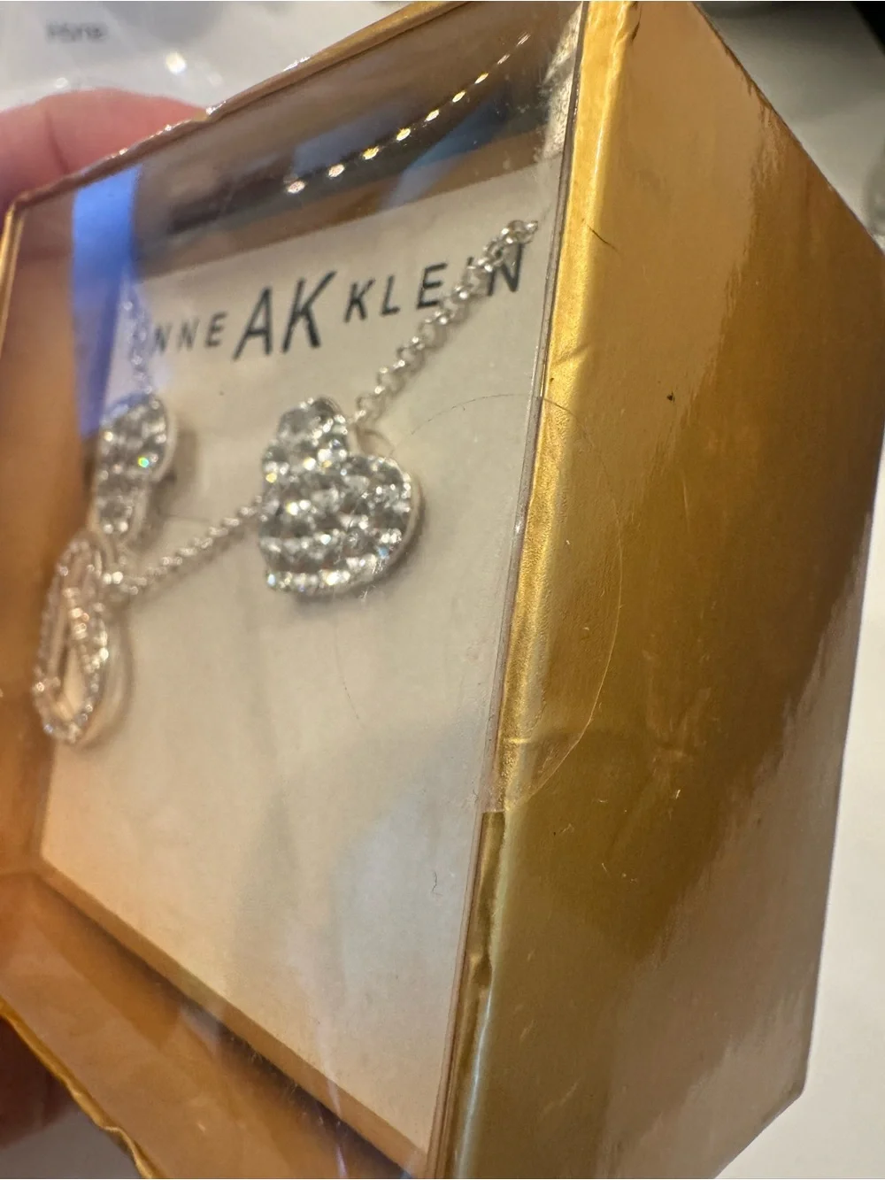 Anne Klein Silver Crystal Heart Necklace with 'Mom' Script and Matching Studs